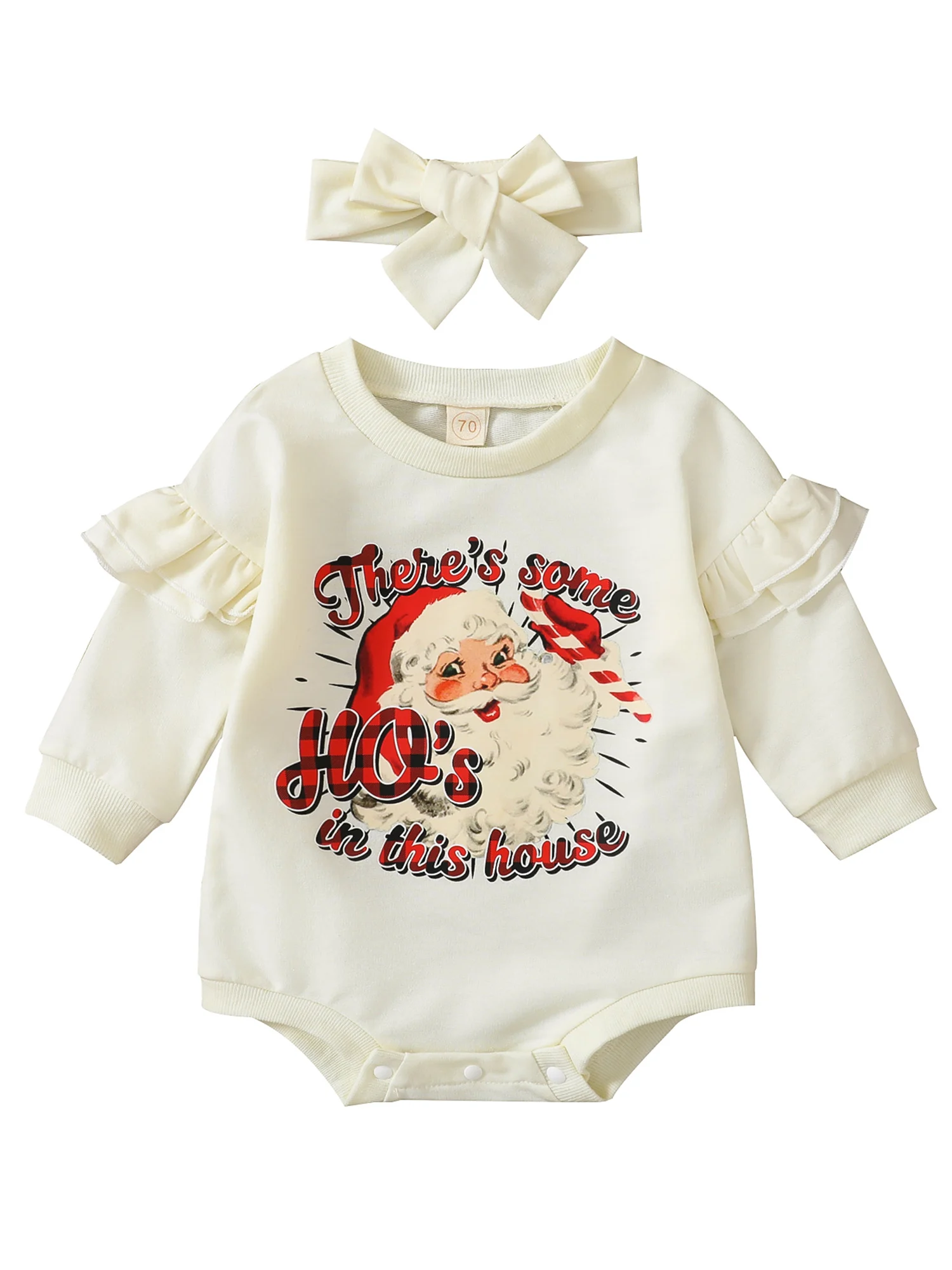 

Baby Girls Christmas Romper Set Long Sleeve Crew Neck Santa Claus Letters Print Bodysuit Headband