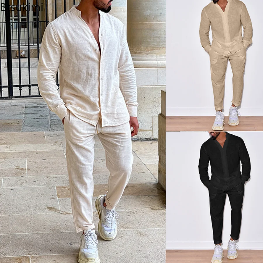 

2023 Men's Long Sleeve Shirt and Pants Sets 2PCS Solid Cotton Linen Tops Leisure Tees Trousers Suit Sets Fashion Tracksuit Male