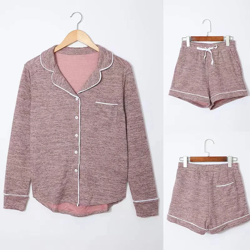 IG Net Red Blogger with The Same Simple Cold Wind Fashion Style Home Wear Suit Long Sleeved Shorts Knitted Pajamas Sets