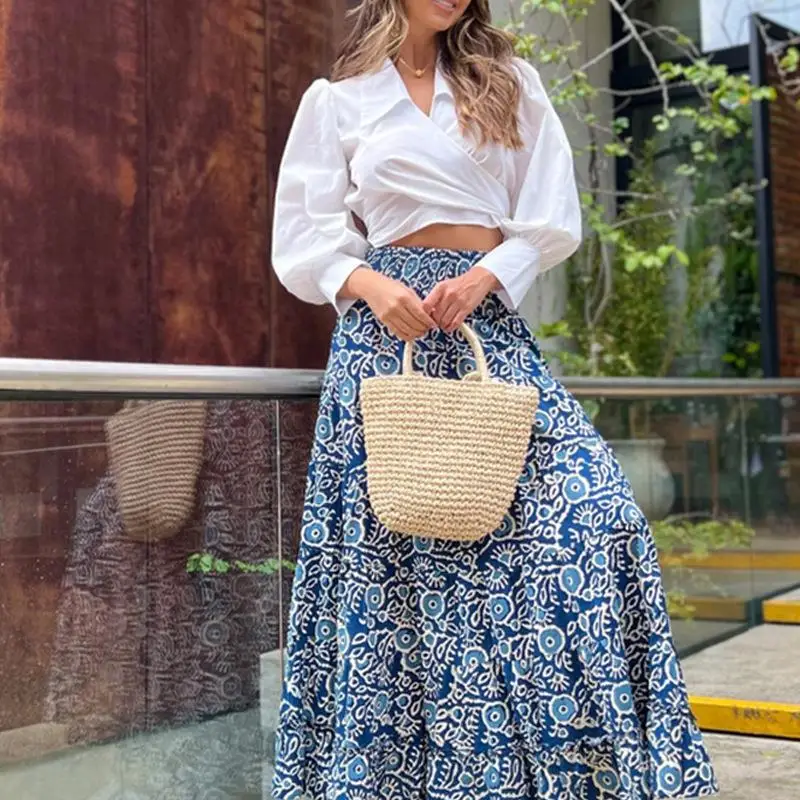 

Mandylandy Women Elegant Autumn Two Piece Set Fashion Long Puff Sleeve Crop Top Shirt + High Waist Corset Long Skirt Outfits