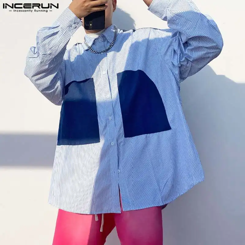 

Топы INCERUN 2023, новые мужские модные свободные полосатые рубашки в Корейском стиле, Повседневная Уличная Лоскутная Блузка с длинными рукавами