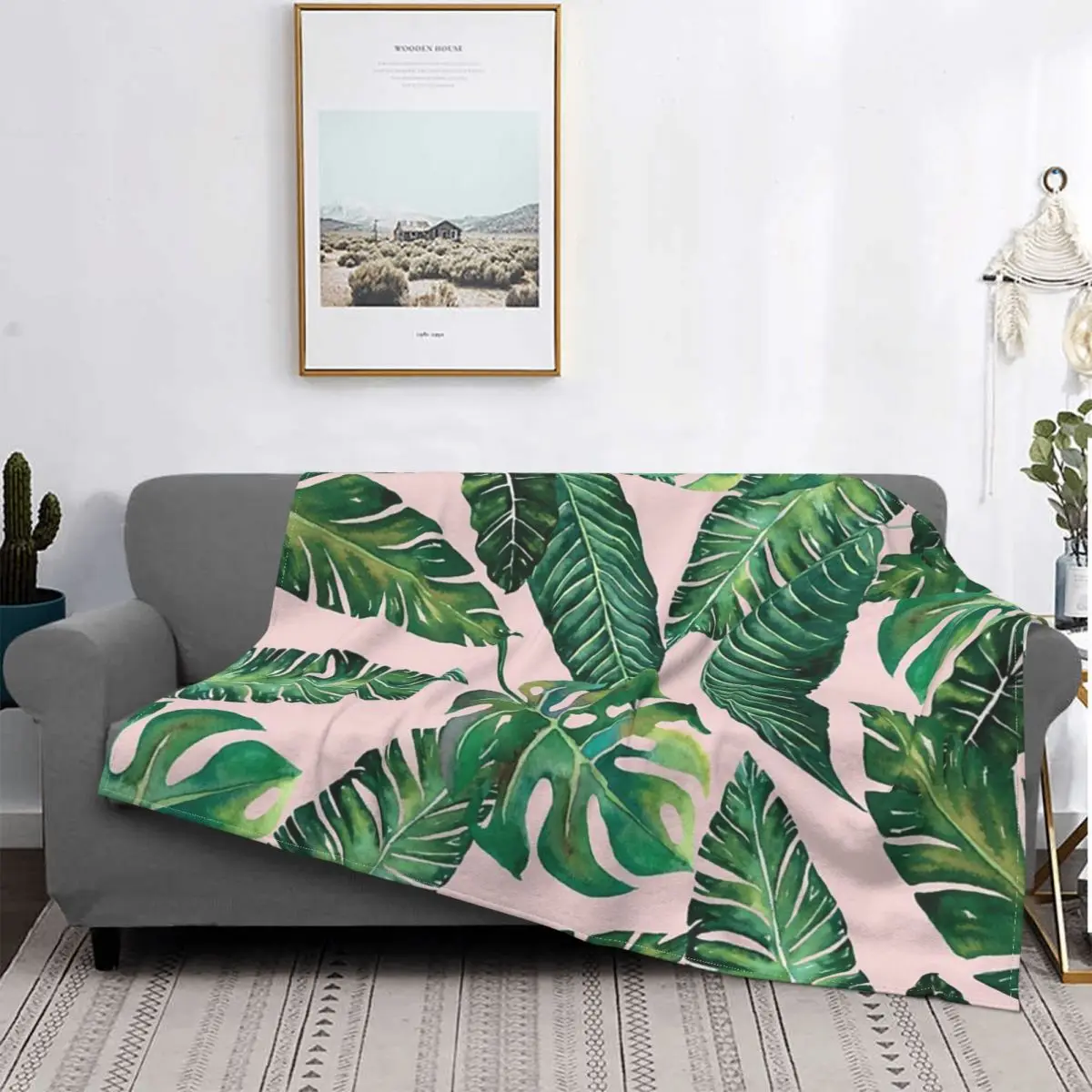 

Manta de verano con estampado de hojas de la jungla, colcha a cuadros para cama y sofá, color rosa, plátano, Monstera