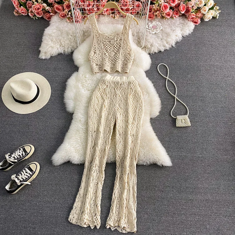 

Hollow Crochet Slimming And Wide Leg Knitted Elastic Waist Casual Long Pants Two-Piece Suit Short Camisole woman clothes 2022