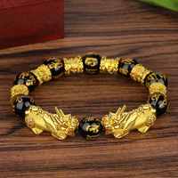 feng shui obsidian beaded gold pixiu unicorn bracelet mens womens unisex wristband amulet wealth good luck ladies bracelet