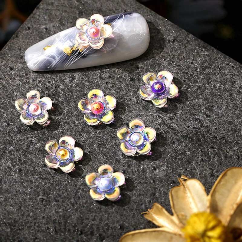 

50PCS Aurora Flower Nail Art Charms Accessories 3D Resin White AB Five Petal Flower Design Beauty Manicure Rhinestones Supplies