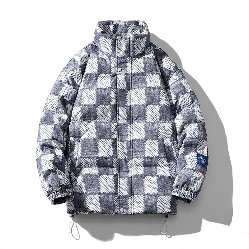 Winter Coat Men 2022 Thickened Checkerboard Thermal Jacket Fashion Printed Stand Collar Cotton Jackets Outdoor Sports Jacket