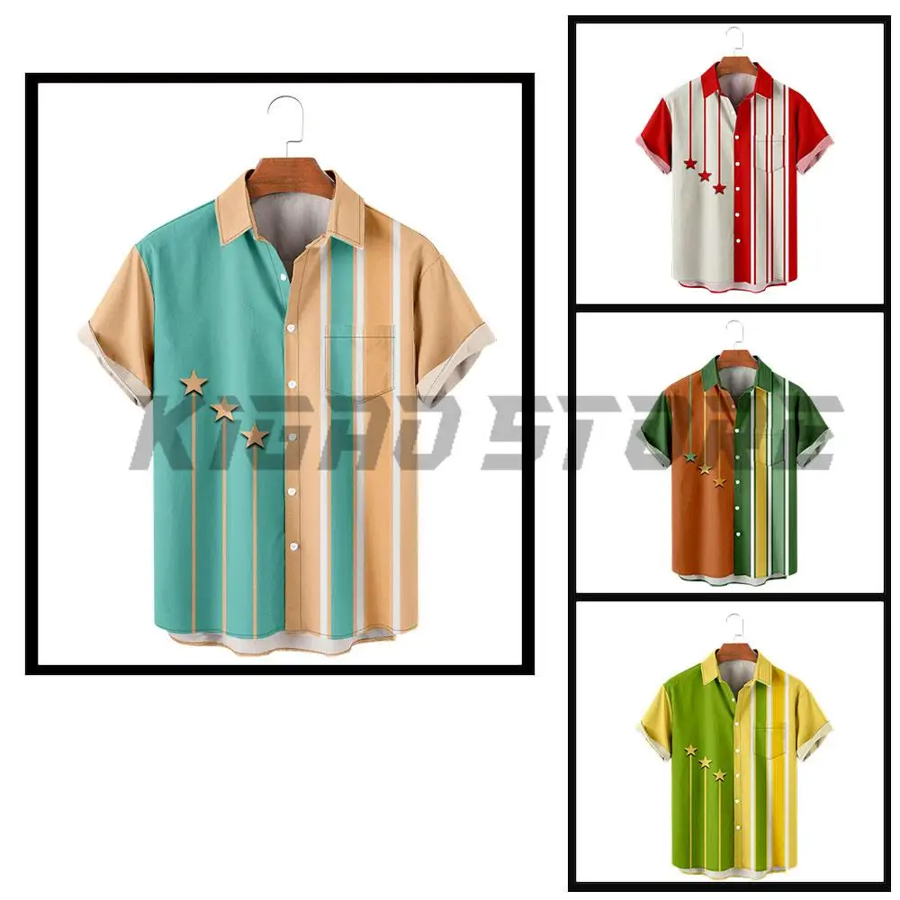 

Y2k Casual Button Down Shirts For Men Color-Block Star-Striped Flag Harajuku Turndown Outdoor Street Short Sleeve Shirt