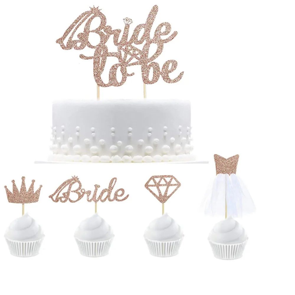 

50pcs/set Rose Gold Bride To Be Diamond Wedding Dress Cupcake Cake Toppers Bridal Shower Bachelorette Party Cake DIY Decor