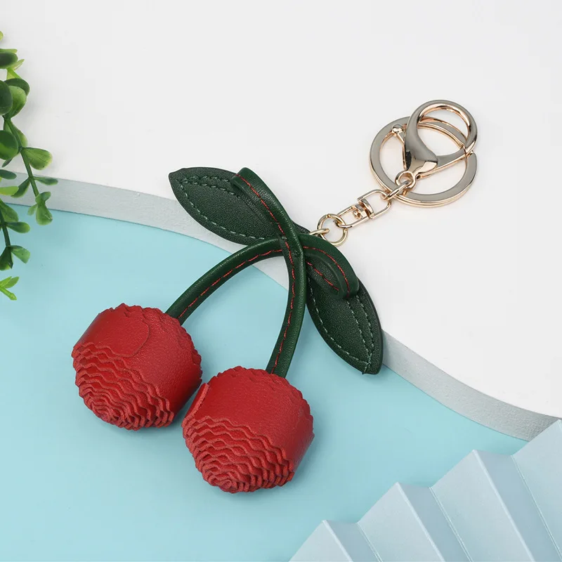 

PU Leather Cherry Keychains Wholesale Fashion Red Cherry Keyrings For Car Keys Accessories Women Cute Fruit Keychains For Bag