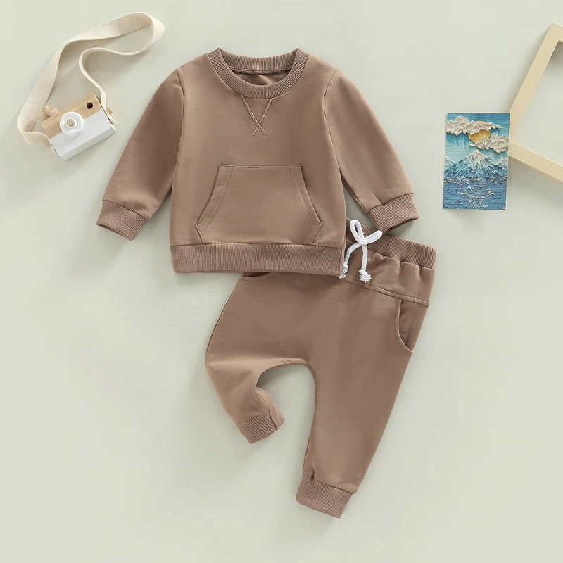 

2023 Baby Girls Boys 2 Pieces Outfit Solid Long Sleeve Pocket Sweatshirts Tops Pants Baby's Sets Clothing