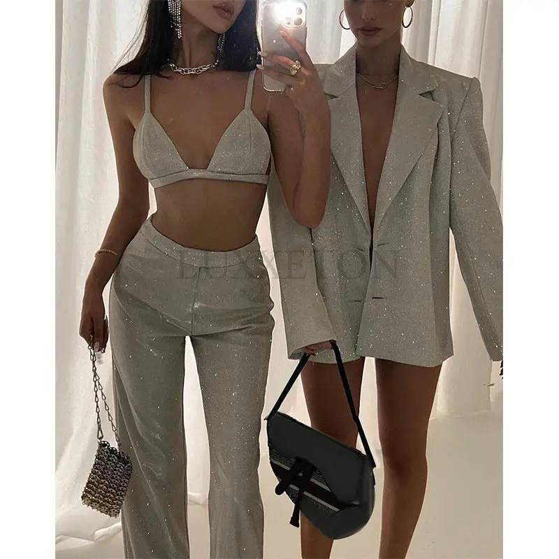 

Комплект из двух предметов Женский, серебристый блестящий пиджак и штаны для вечеринки, Клубная одежда, модный спортивный костюм