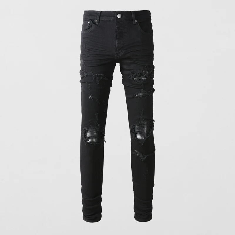 Streetwear Fashion Brand Men Jeans Elastic Leather Patched Designer Ripped Jeans Men Black Stretch Skinny Trousers Hip Hop Pants