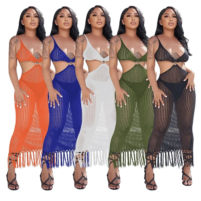 

Женское однотонное трикотажное пляжное платье с бахромой, летнее Боди без рукавов с V-образным вырезом и открытой спиной, повседневное женс...