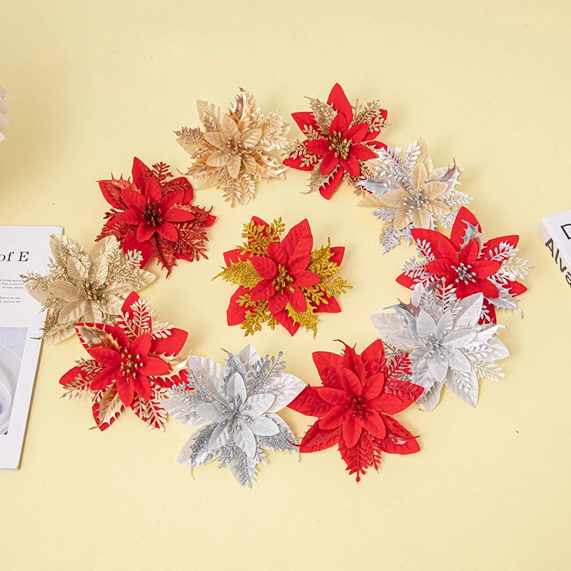

5PCS Christmas Glitter Artificial Poinsettia Flowers Artificial Xmas Tree Decor for Home Party 2022 Navidad New Year Ornament
