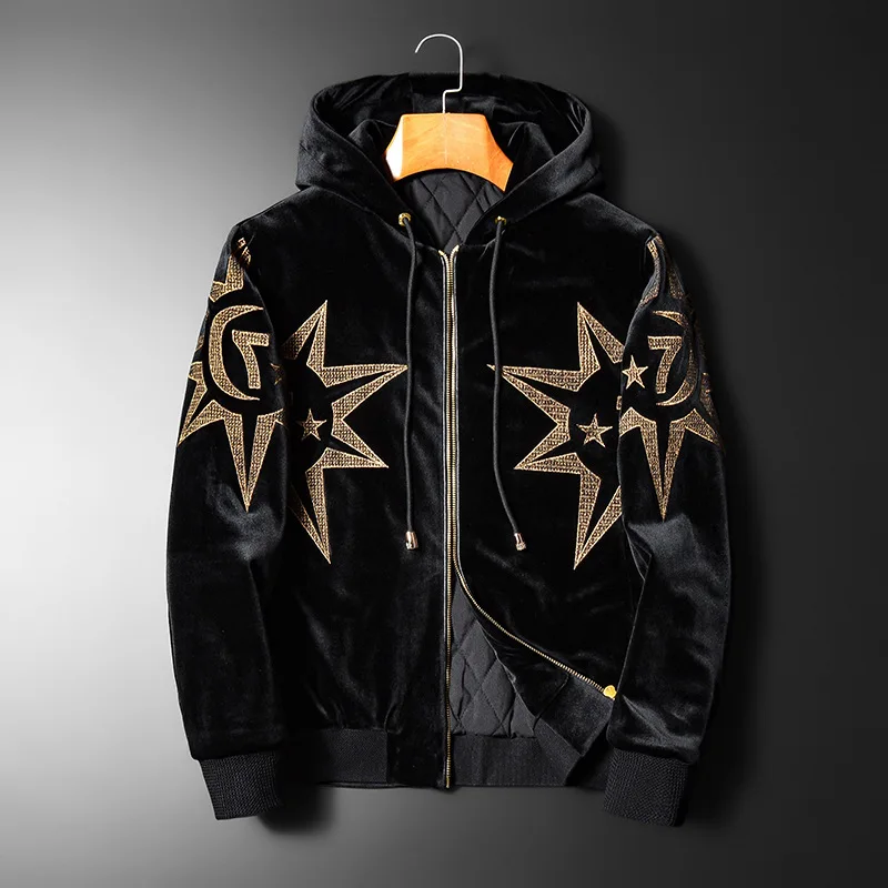 

Black Gold Fake Fur Coat Winter Jacket Men Fashion Men Coat Heavy Bee Crown Embroidery Vintage Jacket Wind Breaker Parka Hombre