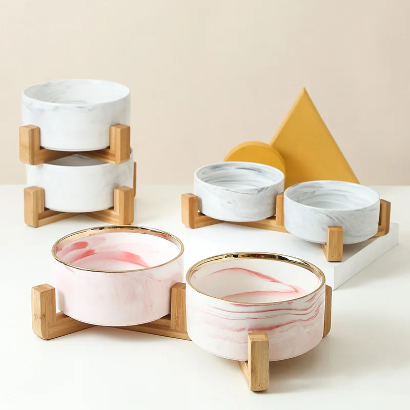 

Art Design Ceramic Comedero Pet Feeder Bowl Cat Bowl with Wooden Frame Marble Pattern Gold Border Double Bowl Pet Products