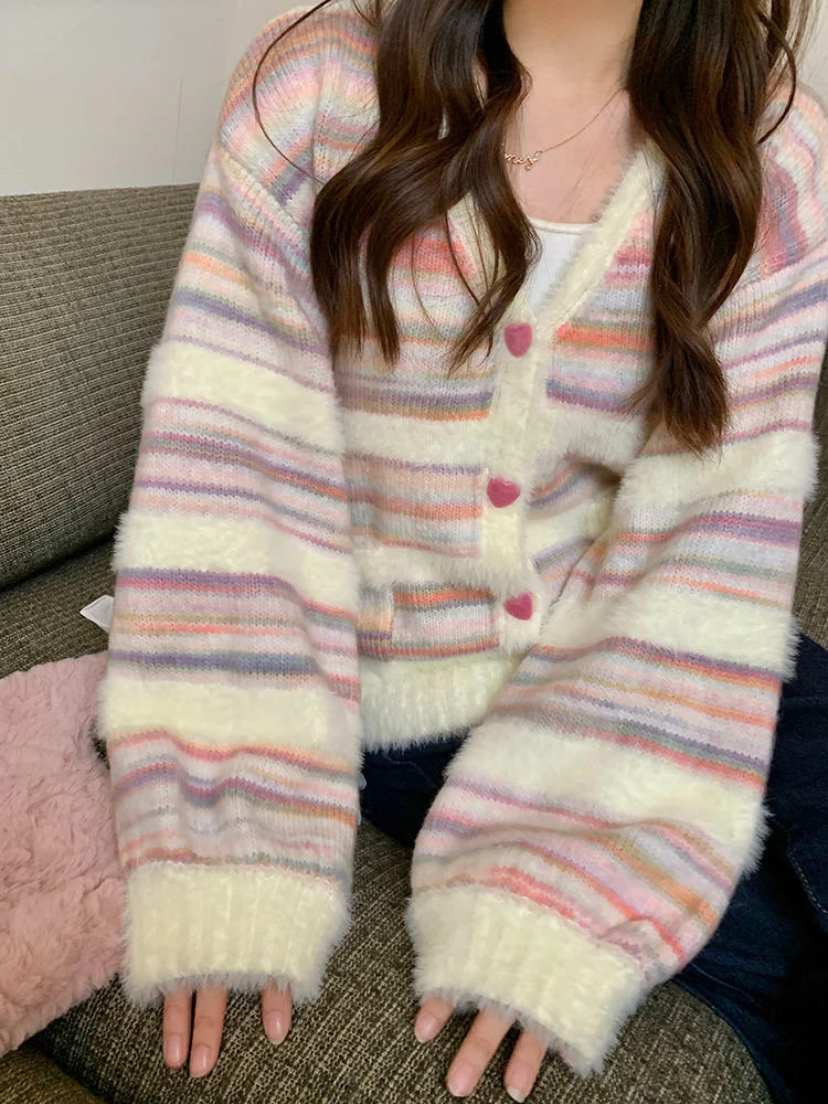 

2023 Rainbow Striped Cardigan Women Kawaii Heart Button Japanese Soft Sweet Knitted Sweater Coat Harajuku Y2k Autumn Chic
