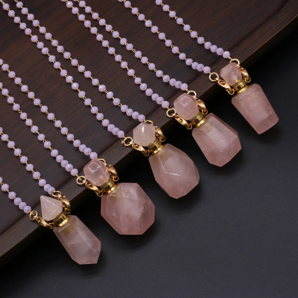 

19 Kinds Natural Semi precious Stone Rose Quartz Perfume Bottle Perfume Essential Oil Diffuser Necklace Charm Gift for Women