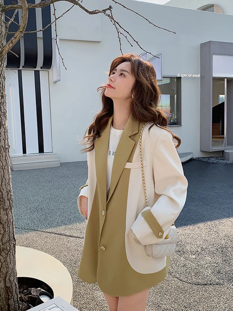 

Jmprs England Women Patchwork Blazers Elegant High Quality Loose Casual Suit Coat Fashion Long Sleeve All Match Female Jackets
