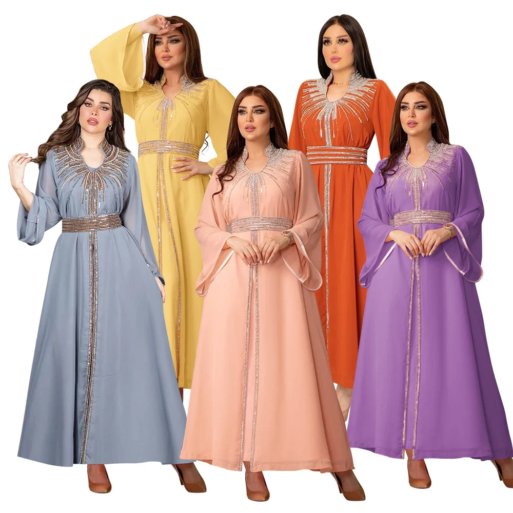 Women Spring Summer Muslim Fashion Middle East Turkey Seasonal Tempest Evening Dress Hot Diamond Belted Chiffon Dress Ramadan