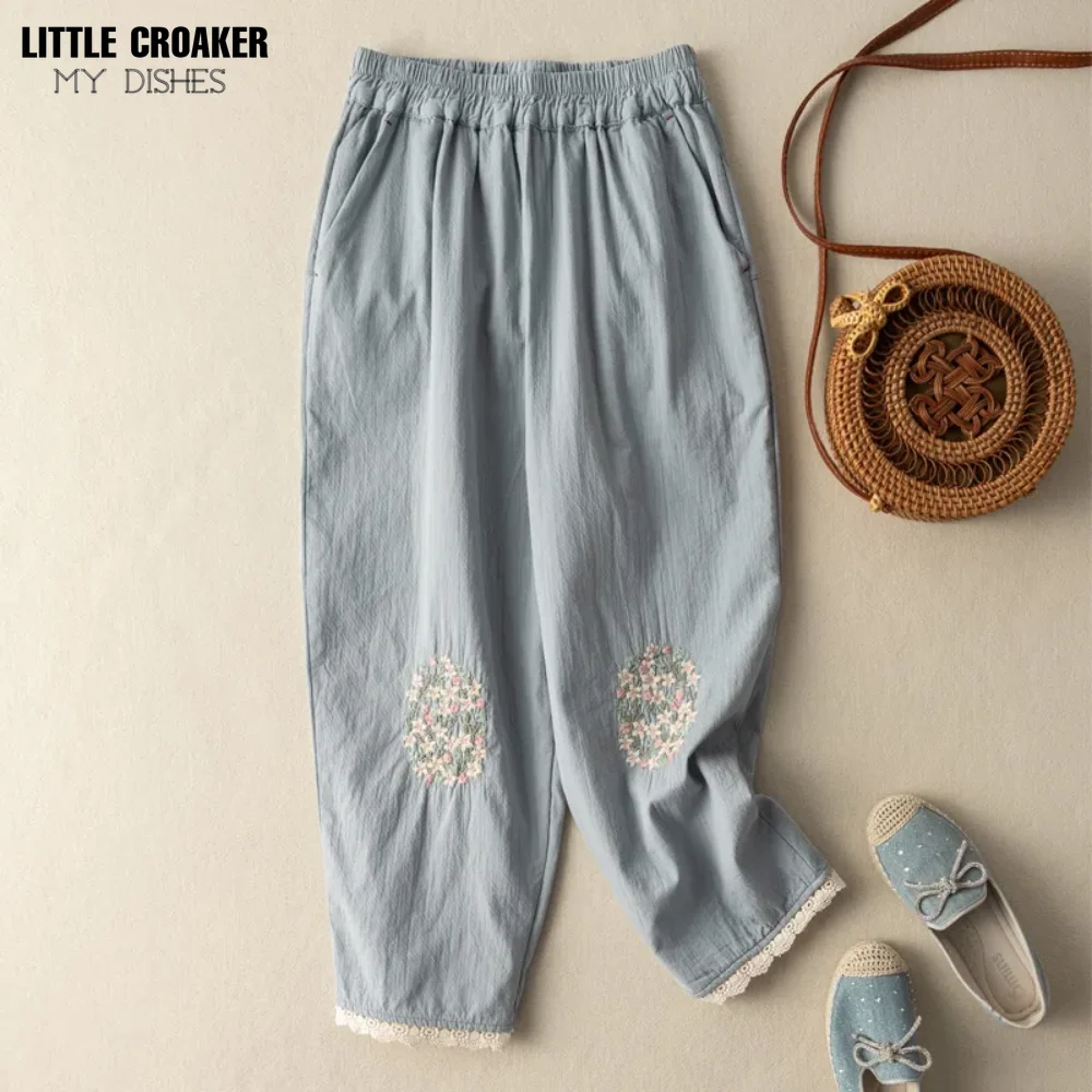 

Chinese Cotton Linen Embroidered Casual Pants Women's Summer New Fashion Literary Retro Loose Lace Lace Nine-point Harem Pants