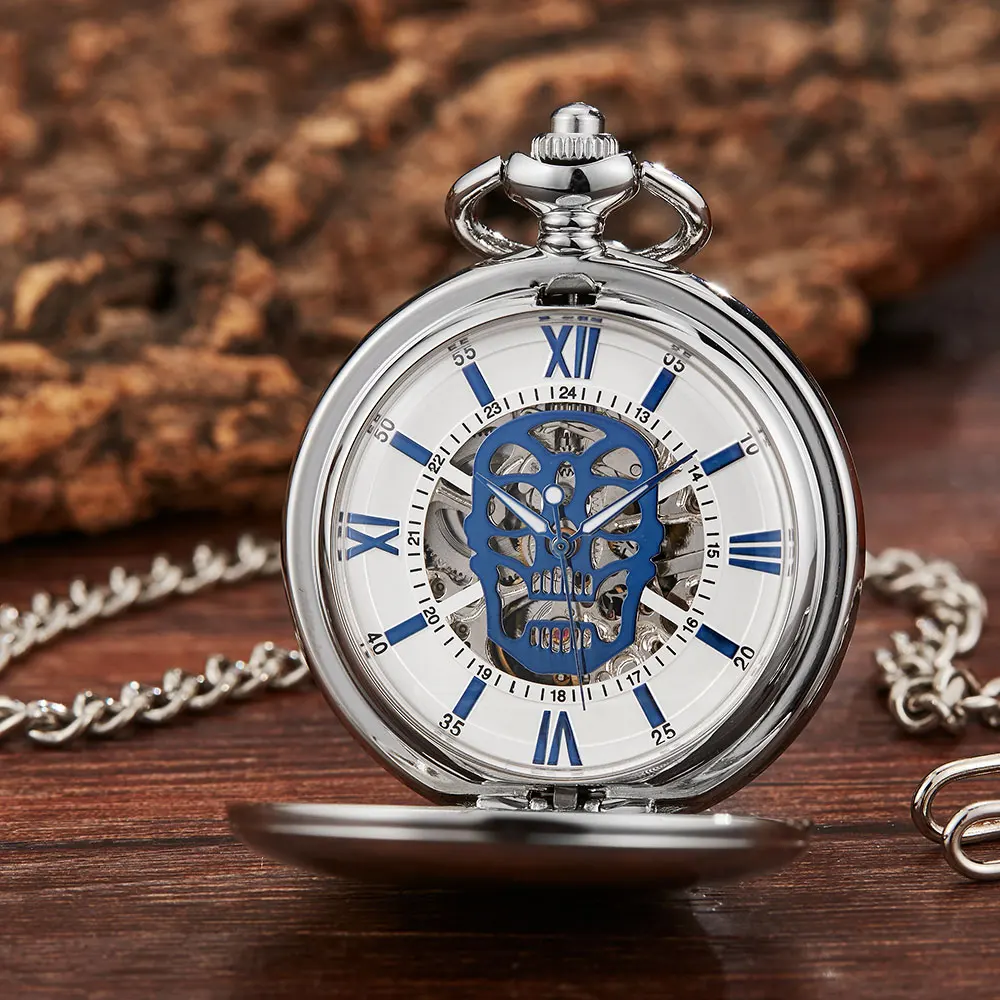 Golden Skull Fashion Smooth Mechanical Pocket Watch Men Skeleton Steampuk Hand Wind Pendant Clock Chain With Arabic Numerals