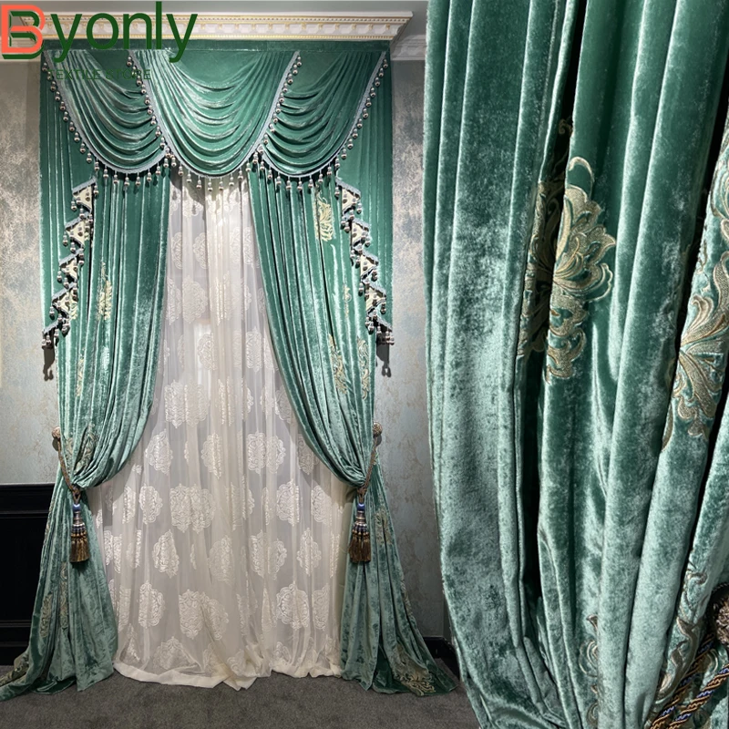 

High-end Peacock Green Velvet Embroidery with Thickened Shading Curtains for Living Room Bedroom Villa Flocking Embroidery Yarn