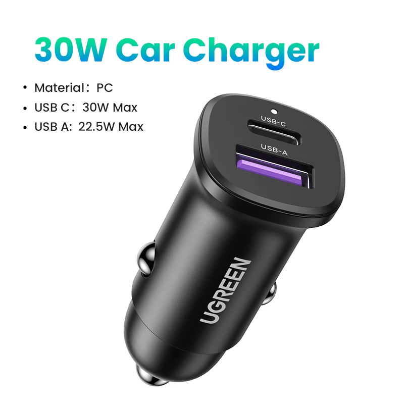 

Автомобильное зарядное устройство UGREEN, 30 Вт, USB Тип C, быстрая зарядка PD QC 4,0 3,0, быстрая зарядка для iPhone 13 12 Pro Max, Samsung, автомобильное зарядное устройство для телефонов