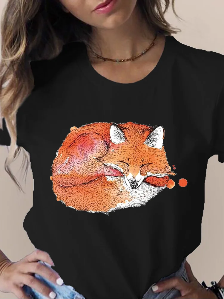 

Women Black T-shirt Fashion Fox Printed New Lovely T Shirt femme Harajuku Short Sleeve T-shirt Suitable All Seasons Tee shirts