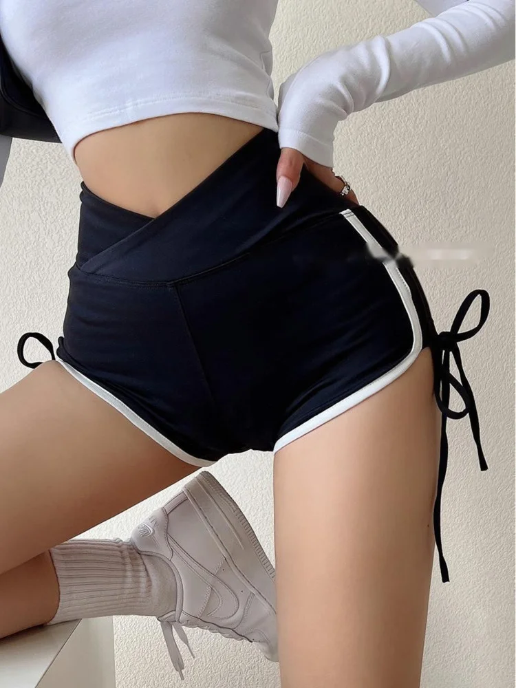 

Sexy Hot European-style Girl Side Drawstring Sports Yoga Shorts Solid Color High Waist Elastic Casual Women's TQWC