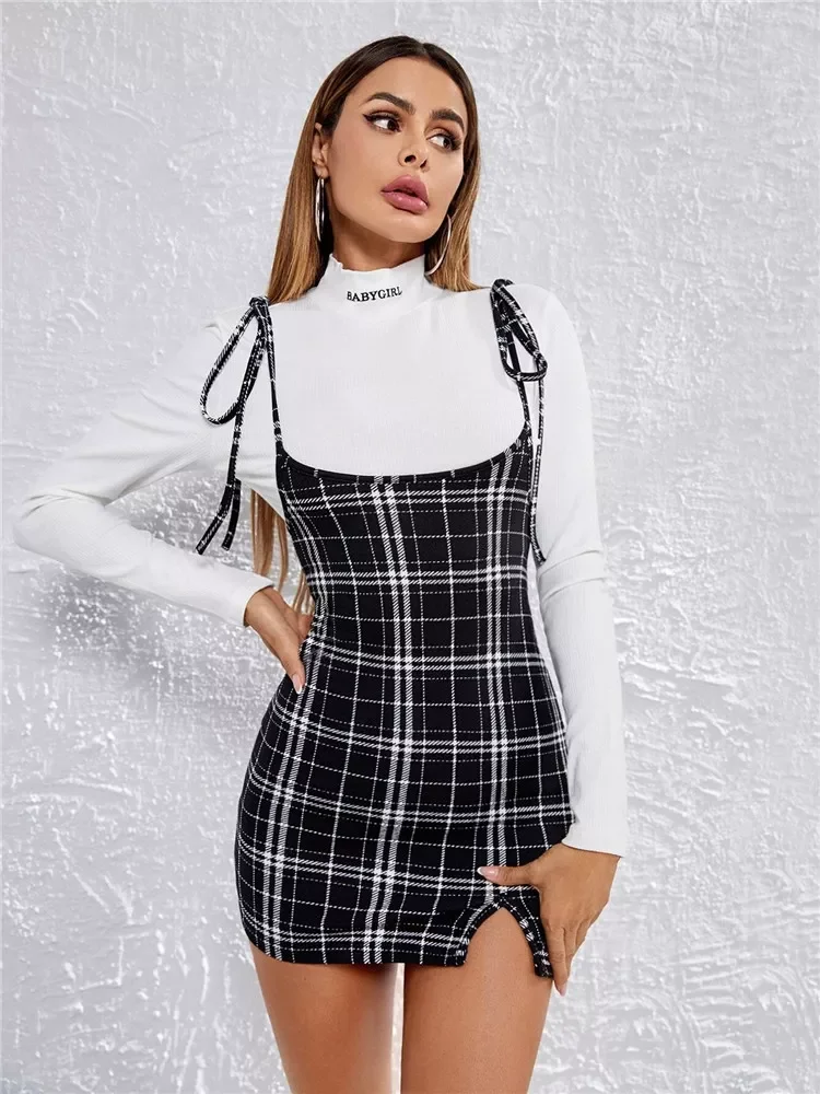 

2022NEW High Waisted Suspender Dress Women Summer 2021 All-Match Bodycon Plaid Split Mini Dress High Street