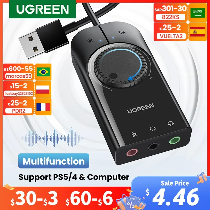 UGREEN звуковая карта USB аудио интерфейс внешний 3,5 мм микрофонный аудио адаптер звуковая карта для пк ноутбука PS4 гарнитура USB звуковая ка…