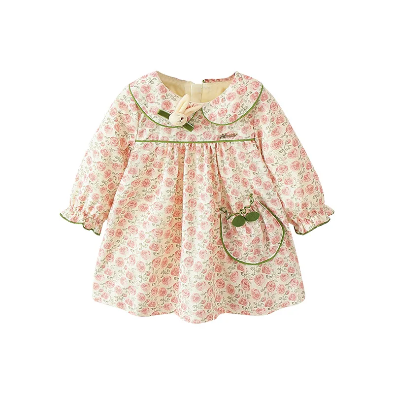 

Осенне-зимняя детская одежда, платье для маленьких девочек, бархатное платье для младенцев с принтом роз, детская одежда с длинными рукавам...