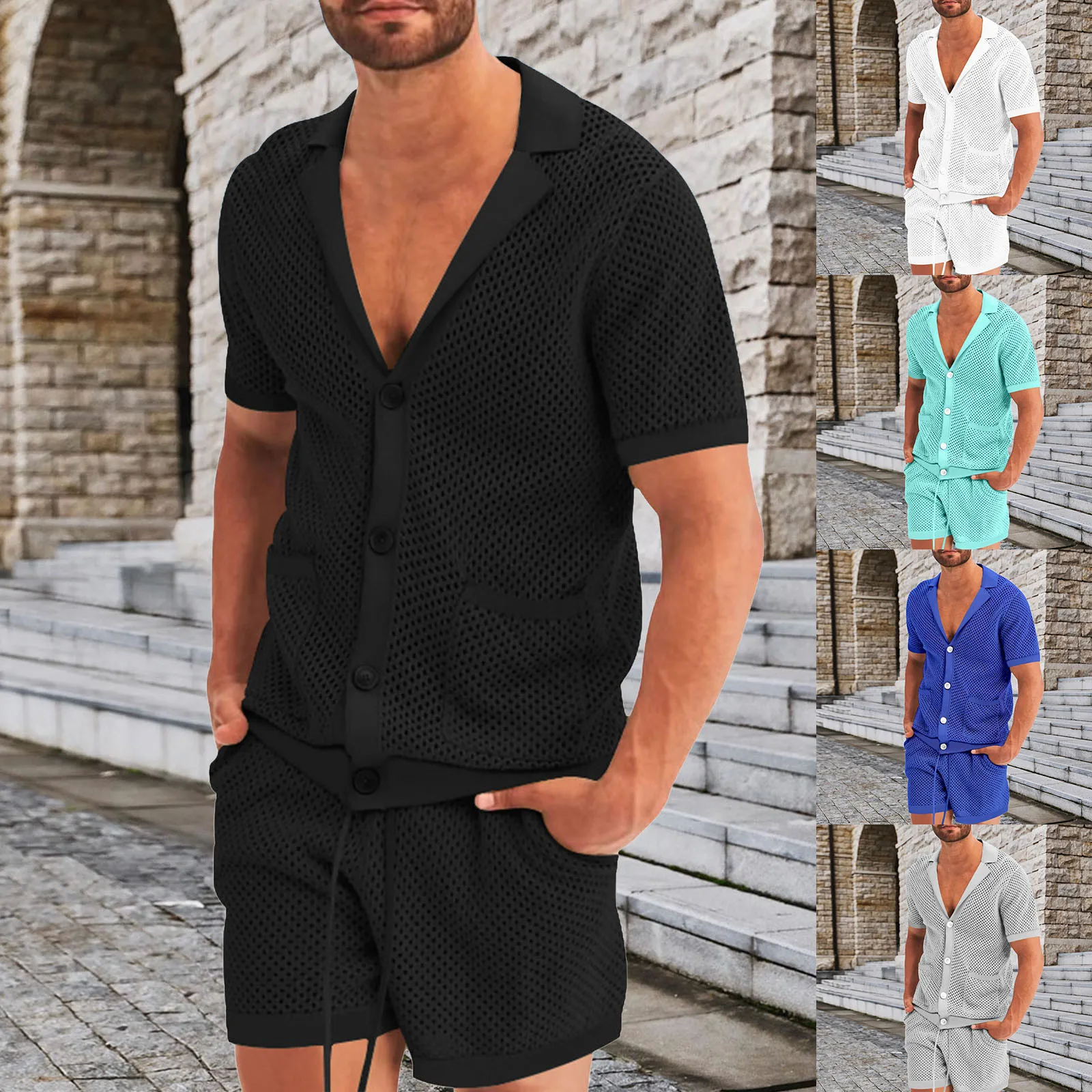

Men Hawaiian Shirts Sets New Summer Ice Cool Silk Solid Color Short Sleeve Shirt Beach Shorts Male 2 Piece Suits Ropa Hombre