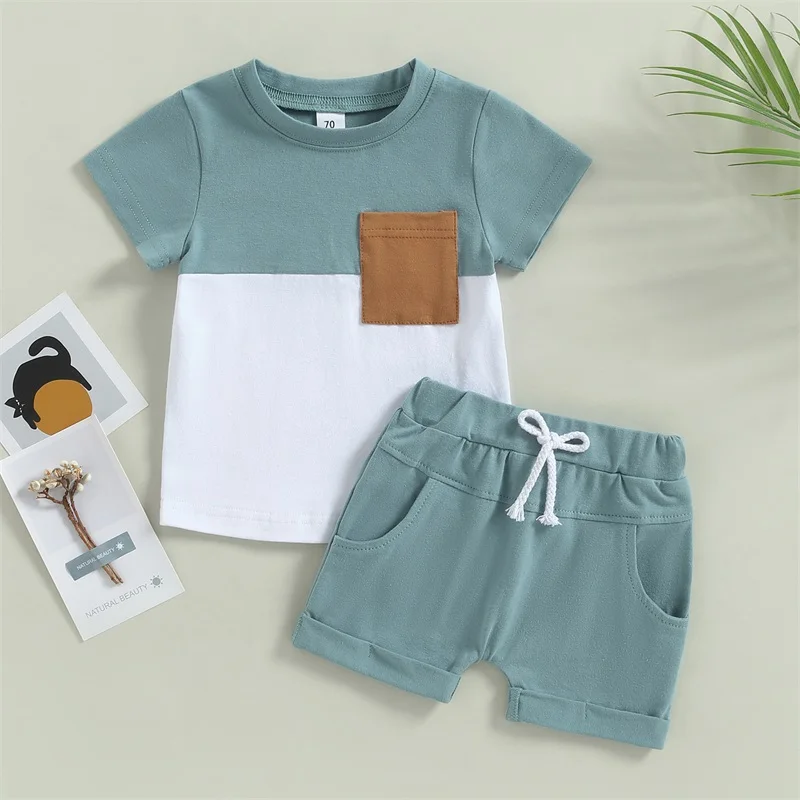 

Toddler Boy Summer Outfits Short Sleeve Contrast Color T-Shirt + Pocket Shorts 2 Pieces Set