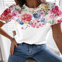 2022 new white floral short sleeves everyday casual women clothing summer women tops polyester fabric round neck women t shirts