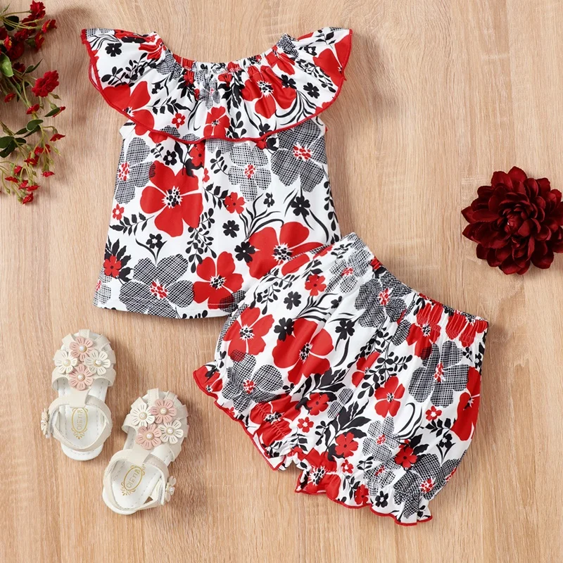 

Hot Selling Baby Girl Clothes Set Summer Baby Clothing Flower Print Ruffles Sleeveless Tops+short Pants Casual Baby Sets 0-18M
