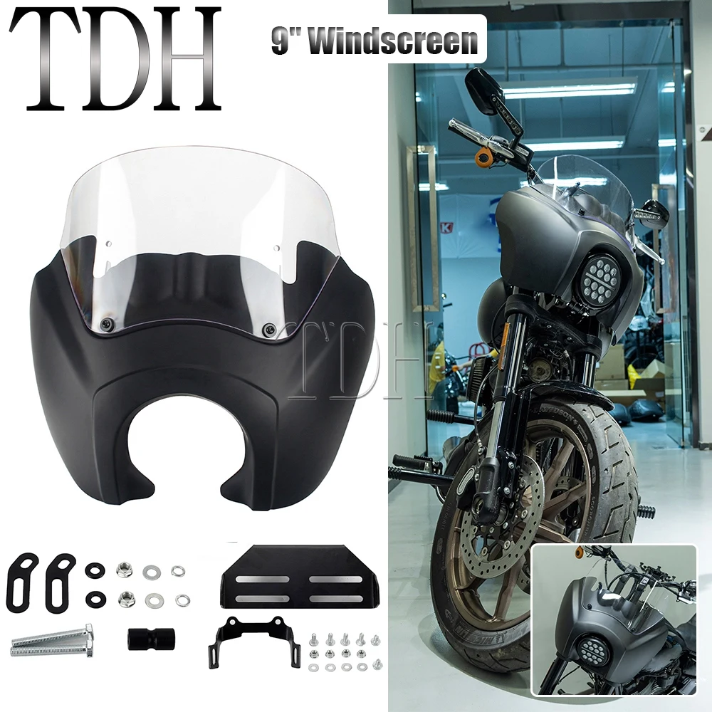 

Sport Fairing Outer 9" Windshield Club Style Black/Clear For Harley Softail Low Rider S 114 117 FXLRS 2020-22 Headlight Bracket