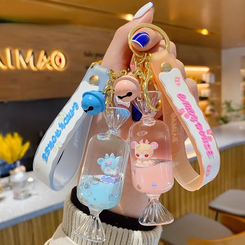 

Cute Floating Liquid Candy Bottle Keychain Creative Moving Candy SHape Acrylic doll Key Holder Female Bag Pendant Keyring Gifts