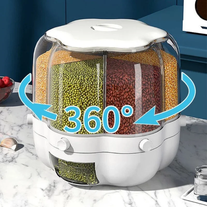 

360° Rotating Grain Dispenser Bulk Cereals Barrels Separated Jars Sealed Insectproof Rice Tank Container Kitchen Storage Box