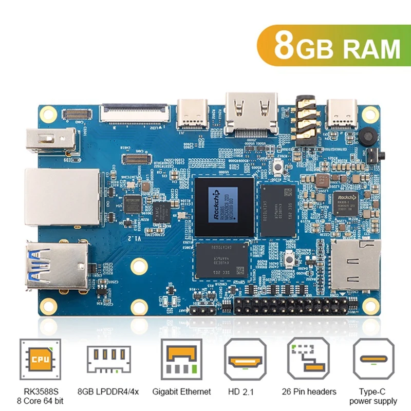 

Для Orange Pi 5 8 Гб RK3588S макетная плата, 8 ядер 64 бит, SSD Gigabit Ethernet Одиночная плата, работает на Android