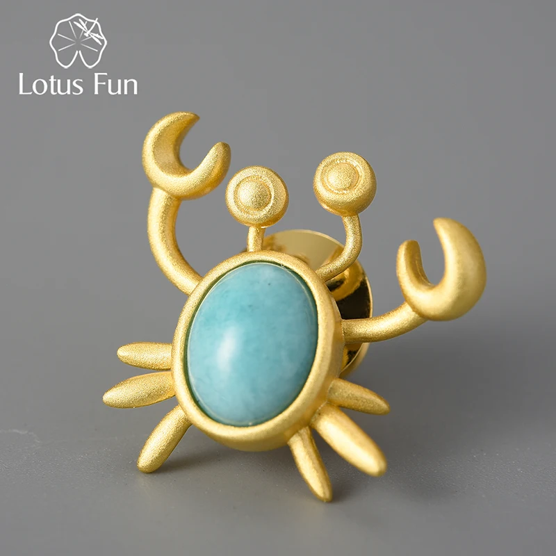 

Lotus Fun Natural Amazonite Stone Mr Crab Brooches Pin for Women Real 925 Sterling Silver Fine Statement Luxury Quality Jewelry
