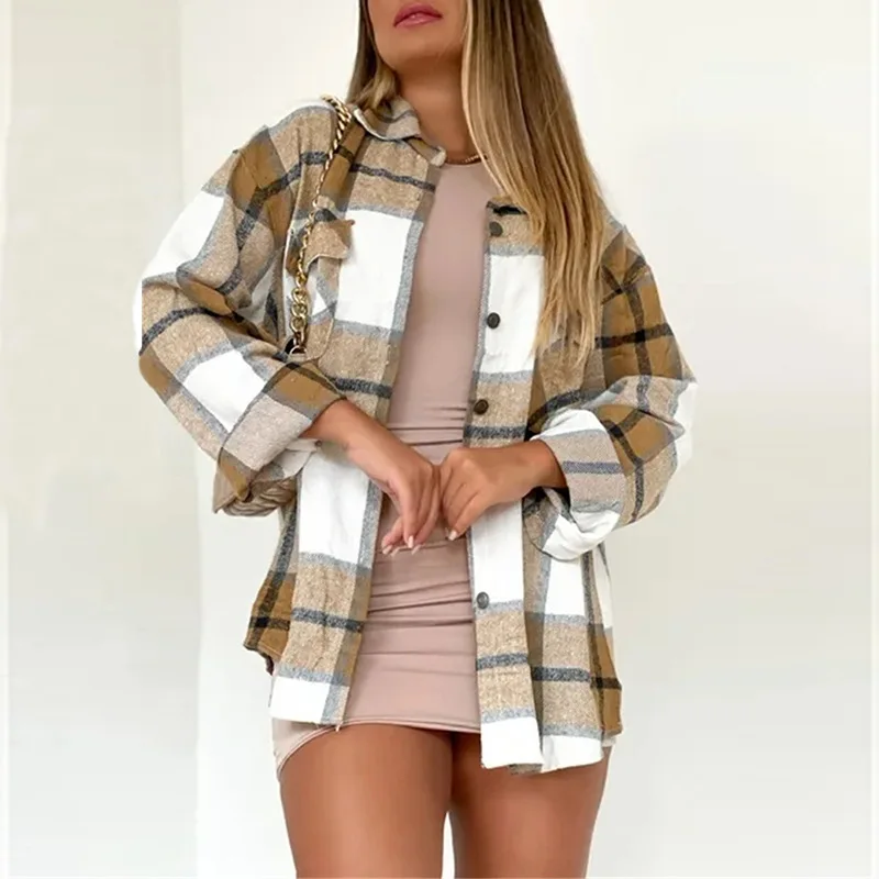 Women's Clothing 2023 Autumn New Loose Large Size Plaid Lapel Long Sleeve Patch Pocket Shirt Ladies Top