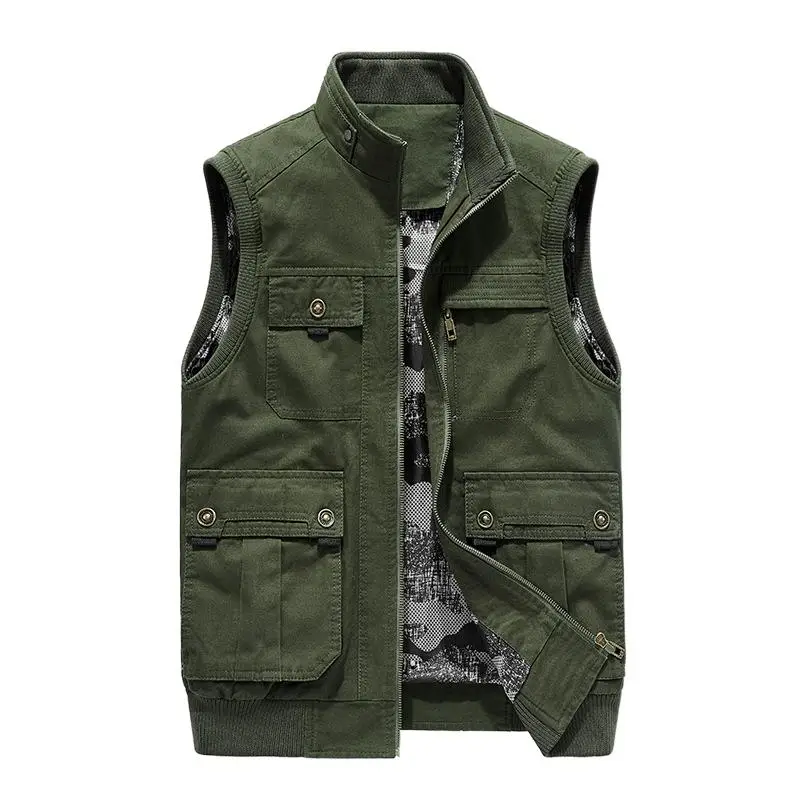 

Middle - aged male spring and autumn multi - bag waistcoat thin section with velvet stand collar cotton leisure waistcoat