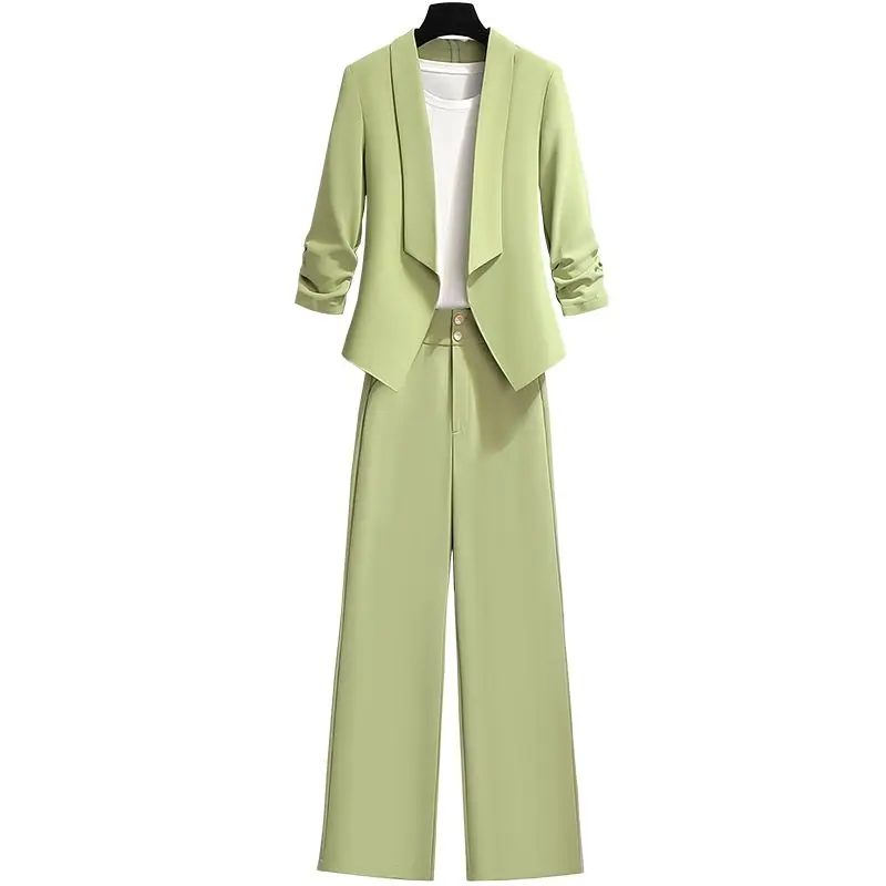 Korean Style Slim Fitting Thin Jacket Blazer Casual Wide Leg Pants Two-piece Elegant Women's Pants Set Summer Office Outfits