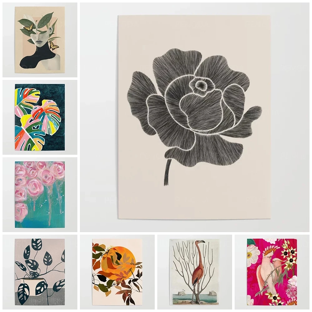 

Home Decor Canvas Vintage Painting Flamingo Pictures Prints Portrait Modular Woman Poster Wall Flowers Artwork For Living Room