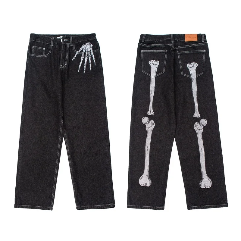 

2021 Male Jeans Bone Print Denim Jeans Fashion Streetwear Oversized Jeans Punk Clothes Baggie Jeans Men Clothing