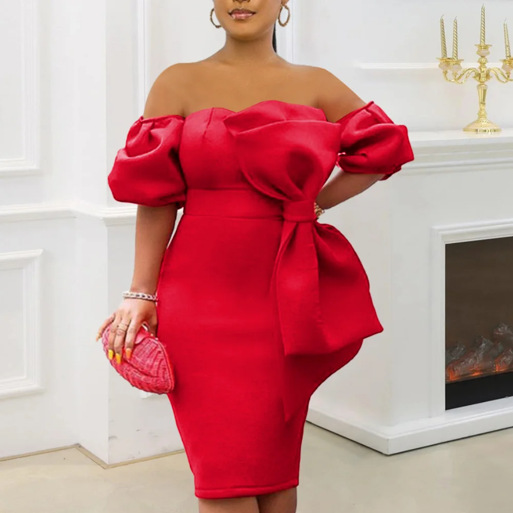 

Big Bow Red Bodycon Dress Sexy Women Bare Shoulder Puff Sleeve Slim Dress Elegant Lady Party Evening Celebrity Outfits 2022 New