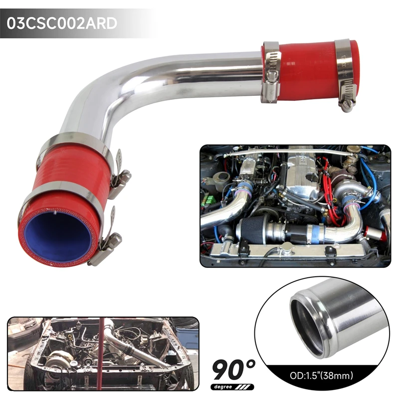 Aluminum 90 Degree 38mm 1.5"  Turbo Pipe Piping Tube + Silicone hose Clamps Kits Black/Blue/Red