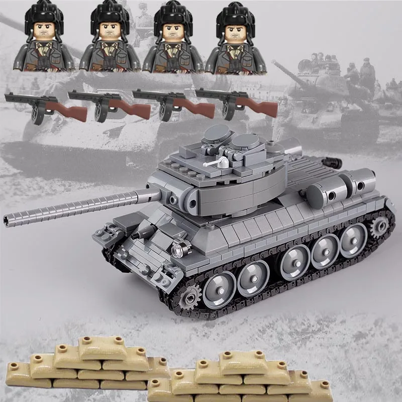 

WW2 Military T34 Soviet Tank Building Blocks Armored Vehicle Model Figures Soldiers Weapons PPSH Army Guns Moc Bricks Kids Toys